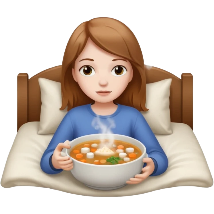 tazita de sopa, pastillas al lado y una chica en una cama emoji