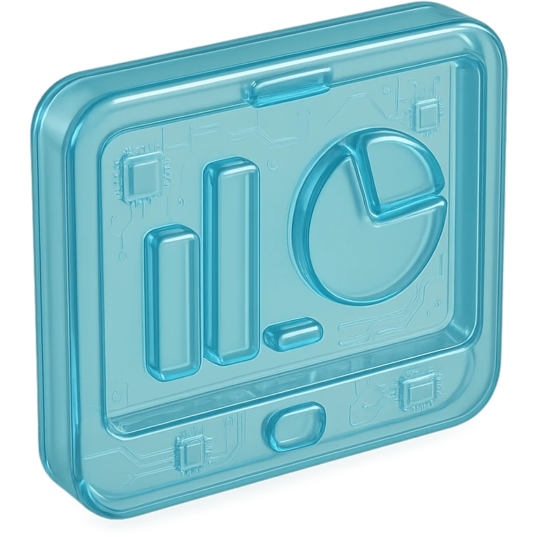 Minimalist icon of a bar chart and pie chart on a digital screen, flat design, , cyan blue emoji
