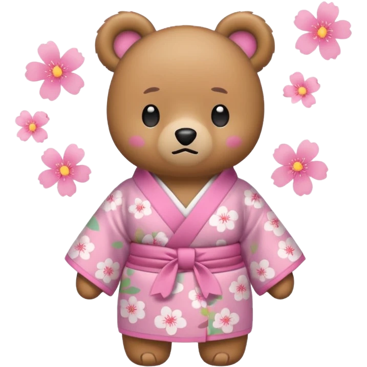 A cute light-brown bear wearing a pastel pink sakura-patterned kimono, normal balanced body ratio.  
Tilting head slightly with a confused face, a big floating question mark above the head.  
Kawaii emoji style, minimalistic clean sticker illustration, white background. emoji