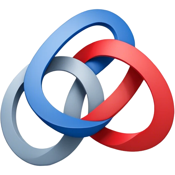 A logo or graphic design featuring two interconnected shapes. One shape is a red triangle, and the other is a blue square. Both are rendered in a 3D style, giving the impression of depth and overlapping planes. A gray circular shape links the red triangle and blue square. The interlocking shapes form a design resembling the number 8 or an infinity symbol. The design is clean, simple, with bright colors of red and blue, and a neutral white background. emoji