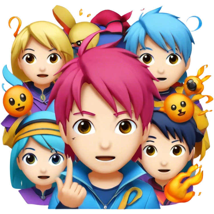 Icon for Anime: vibrant, dynamic scene with popular anime characters in action, featuring exaggerated expressions and colorful backgrounds. The design should reflect the distinct, energetic style of anime, with iconic eyes and unique visual elements. Transparent background. emoji