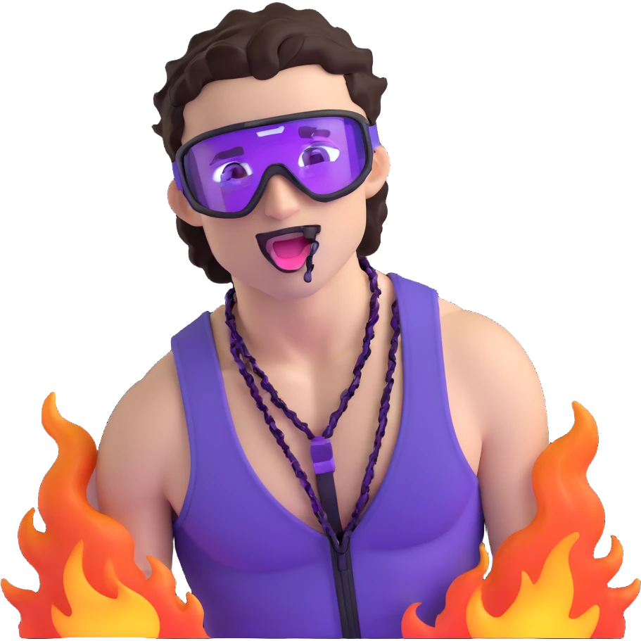 close-up of cool guy male athlete with white skin and moderately curly dark brown hair on top with shaved sides, with one purple ski goggle lens pushed up above his eyes on his forehead, sticking his tongue out of his mouth, wearing only a plain black chain necklace around his neck, and a completely unzipped sleeveless vest with purple and black sequin fire pattern design with no logo, clearly showing he is shirtless underneath with exposed chest and abs emoji