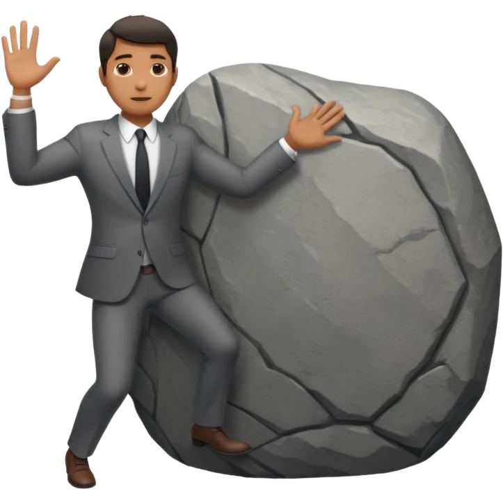 a man in a suit  pushing a huge rock emoji