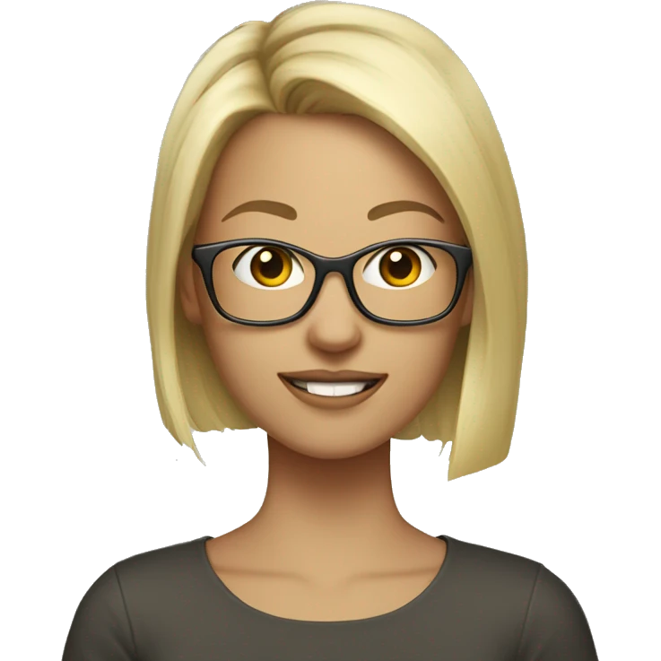 Girl, Social media manager, short blond hair, metal glasses, apple accesories emoji