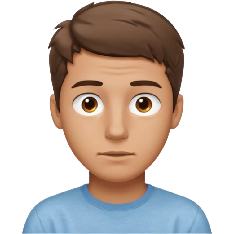 create an emoji of a teenage man, oval face. No wrinkles. he has an American look, very messy brown hair, brown eyes, very slightly tanned skin, natural lips. he wears a short sleeve light blue shirt emoji