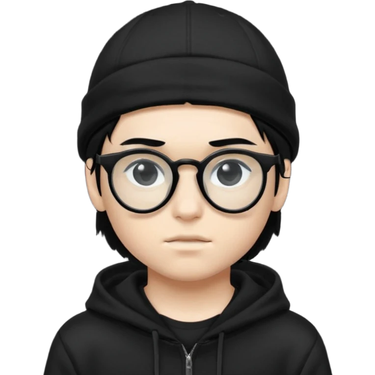 teenage boy (black hair, white skin, black eyes) wearing black glasses (nerd) and hide all his hair under a cap. wearing normal hoodie emoji