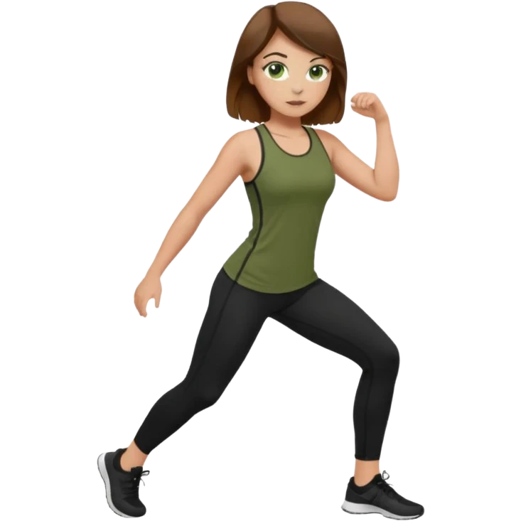 Girl with green eyes, brown hair, light skin, and freckles wearing an olive green top with black leggings working out emoji