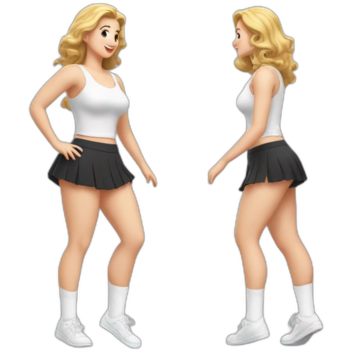 full-body-caucasian-curvy-beauty-jumping-short-black-skirt-back-and-front-views-strong-wind-white-knickers-long-white-socks emoji