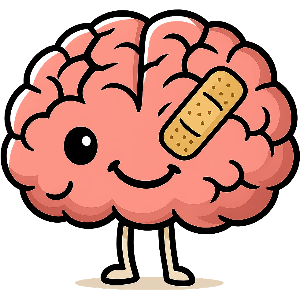 Create a cartoon style brain with a crack, a bandage, and a big smile. Keep the background transparent. The style should be playful and colorful, suitable for a cartoon illustration. emoji