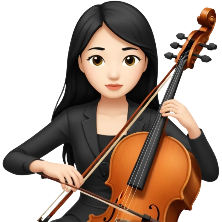 asian woman with black long hair and long eyelashes playing cello emoji