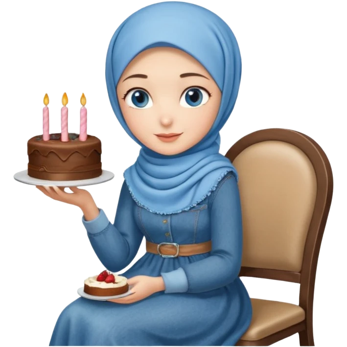 Turkish beautiful finish Konya girl blue eyes with denim hijab long tail dress and sits on the chair and holds cake with her hand  emoji