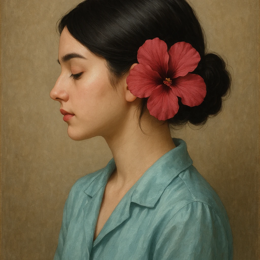 portrait of a black-haired girl with a neat low bun and side hair, face in profile, wearing a light sea blue silk shirt, adorned with a dark pink hibiscus flower, gentle style emoji