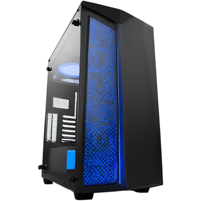 Black gaming PC RGB mid-tower case with glass side panel blue lighting emoji