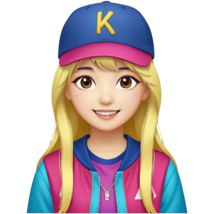 Portrait of a female K-pop idol, wearing a stylish streetwear outfit with layered colorful clothing, long hair with bangs, makeup,  emoji