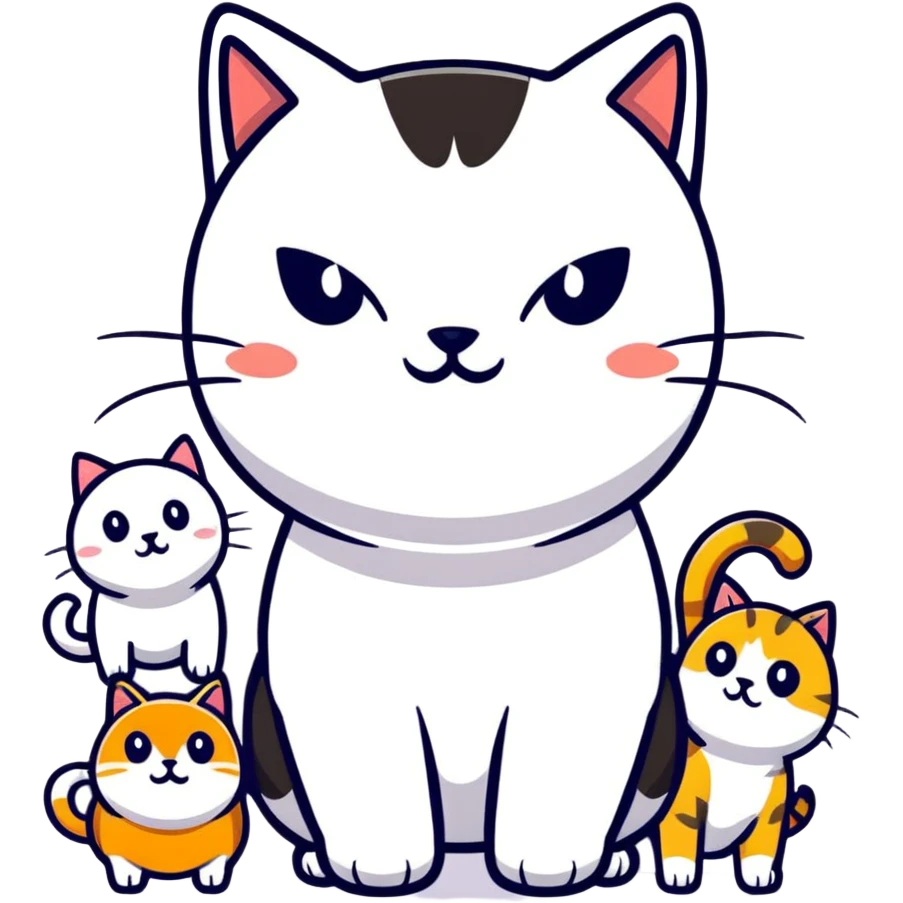 cat with a bossy expression, surrounded by smaller pets emoji