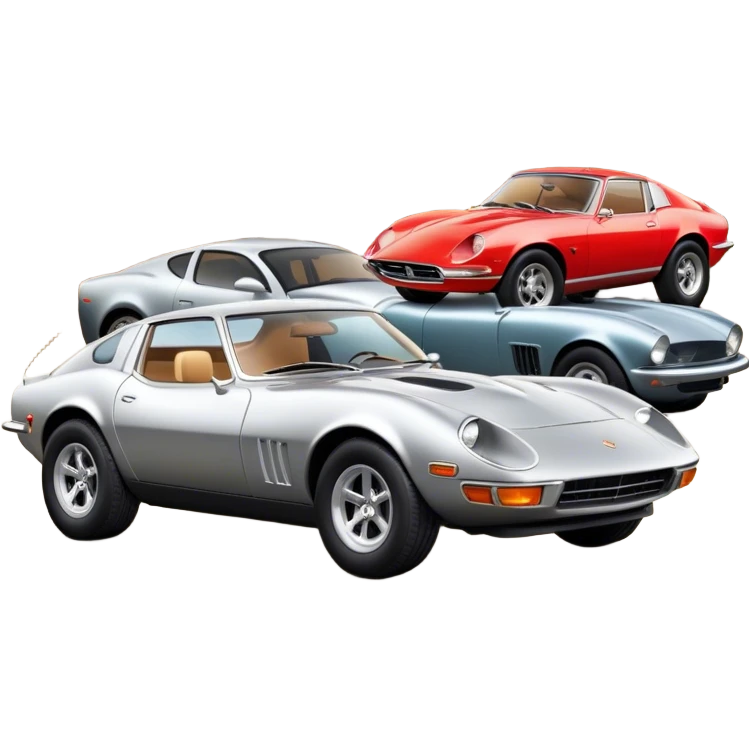Collage emoji symbolizing a passion for cars: a sleek sports car, a vintage classic car, and an off-road SUV. The background features a cozy garage with tools, car posters, and warm lighting, emphasizing a home hobby atmosphere. Transparent background. emoji