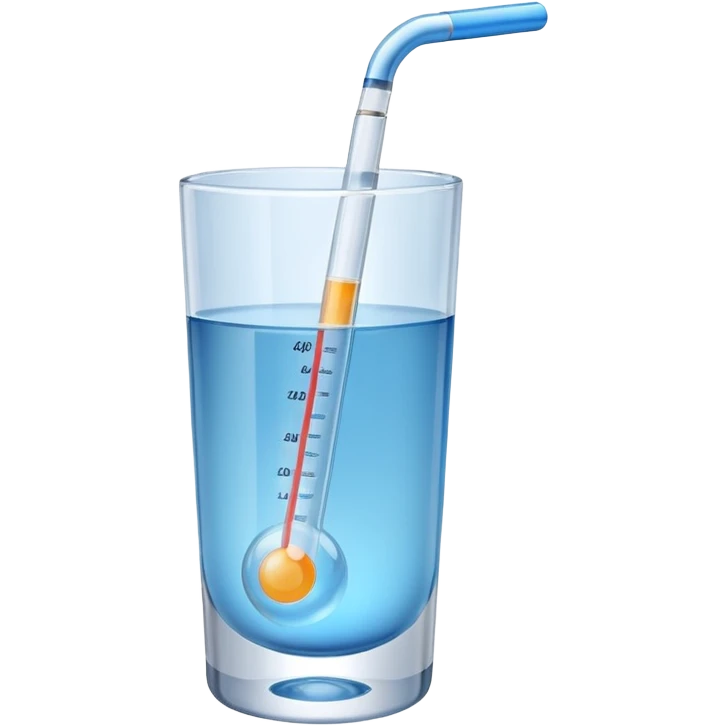 At a 45-degree angle backward and slightly to the right, the thermometer in a glass of water should be gray, like a mercury thermometer, and show 50+>C in 3D format. The water should also be blue. emoji