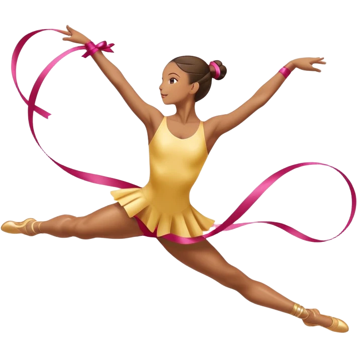 A graceful rhythmic gymnast performing with a flowing ribbon, executing an elegant leap mid-air. The pose exudes flexibility, balance, and artistry. The background suggests a competition arena with soft lighting, emphasizing movement, precision, and the beauty of the sport. emoji