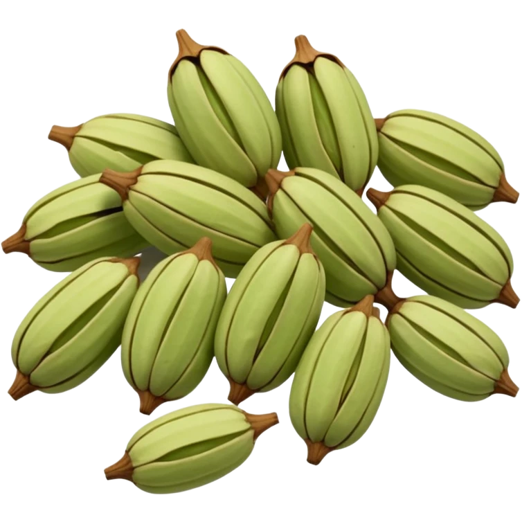 small scatter of whole cardamom pods, oval ridged shape, pale green to light brown hues, slightly wrinkled dry surface, visible seams and pointed ends, aromatic spice seeds inside, apple emoji style, soft lighting, subtle shadows, transparent background, emoji scale emoji
