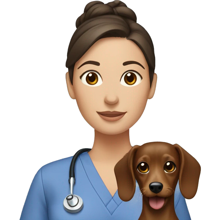 Brunette woman with a top knot wearing scrubs holding a dachshund emoji