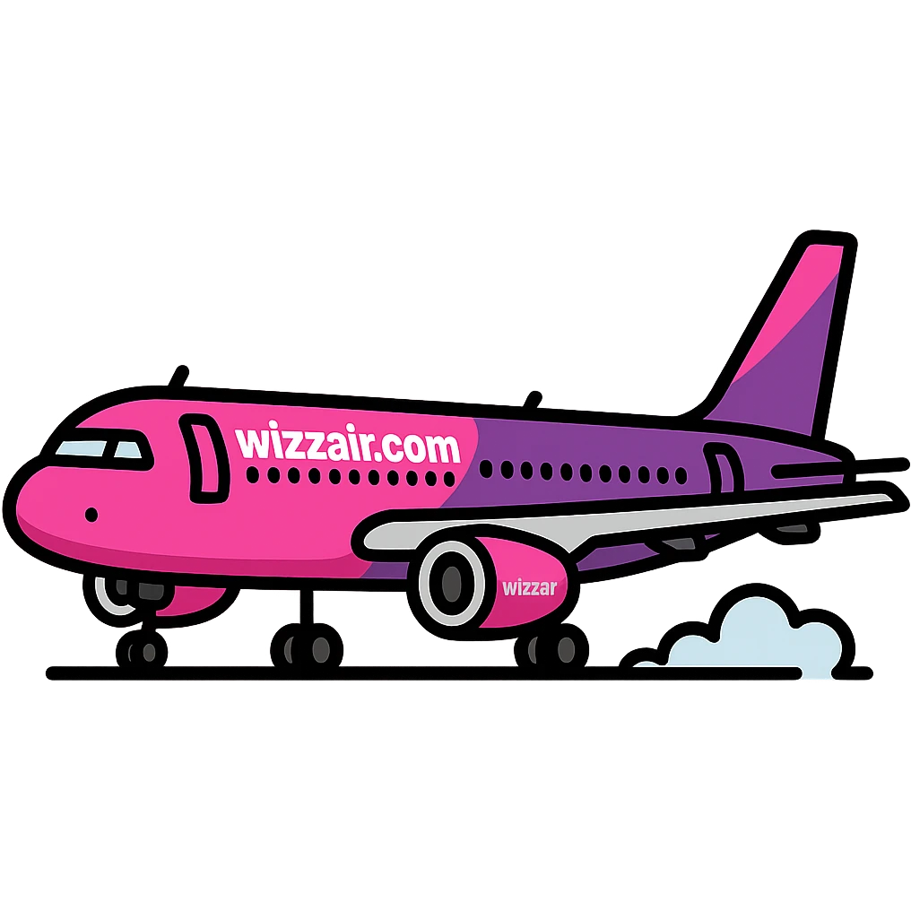 Add the text 'wizzair.com' onto the airplane, keeping the Wizz Air Airbus A320 design and style consistent in a lineal color icon with black outlines style. emoji