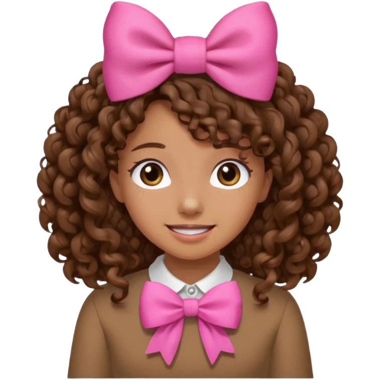 Curly hair brown hair tan skin girl, Pleading Face emoji, using pink bow emoji