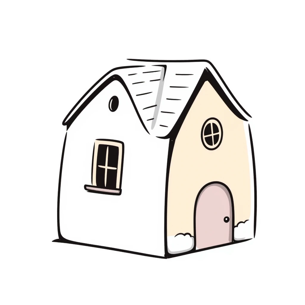 A cute small house/cottage with roof and windows in pastel colors (dd9fb0, ffc6d3, a3bfc9, c4bee2, f1b091), hand-drawn doodle style emoji