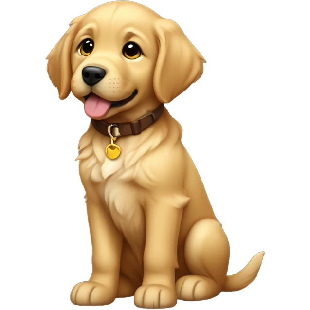 A beige golden retriever puppy wearing a brown collar tilts its head, facing forward, full body view emoji
