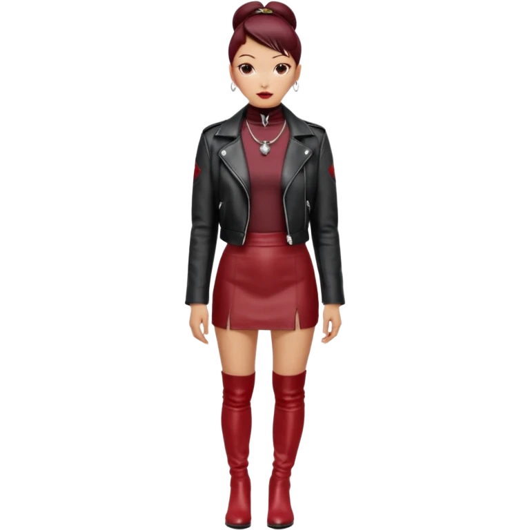 “East Asian woman with a tight sleek bun, no loose strands. Black leather jacket over a black turtleneck, silver Vivienne Westwood-style orb necklace. Red leather mini skirt, burgundy tights, red long boots. Clean, fashion-editorial style.” emoji