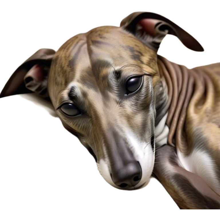 Meme-Worthy Cute Sleeping Brindle Greyhound Portrait Emoji, Head resting peacefully with a contented smile, showcasing a slender build and a luxuriously smooth brindle Fur, eyes shut in a serene nap, Simplified yet hilariously adorable features, highly detailed, glowing with a soft, drowsy light, high shine, relaxed and utterly lovable, stylized with an air of playful laziness, bright and heartwarming, soft glowing outline, capturing the essence of a comically sleepy racer, so meme-worthy it feels like it could instantly become the next viral sensation of adorable slumber! emoji