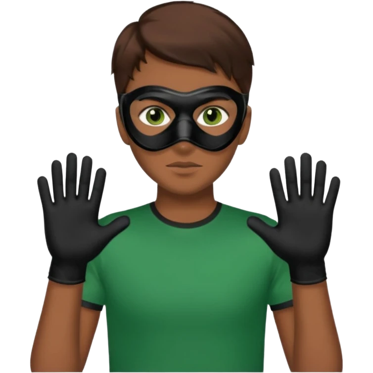 Chico de pelo marrón y ojos verdes, Con un cubre bocas negro, que tiene una camisa verde por encima de una remera blanca, y tiene un guante negro en una sola de las manos. emoji