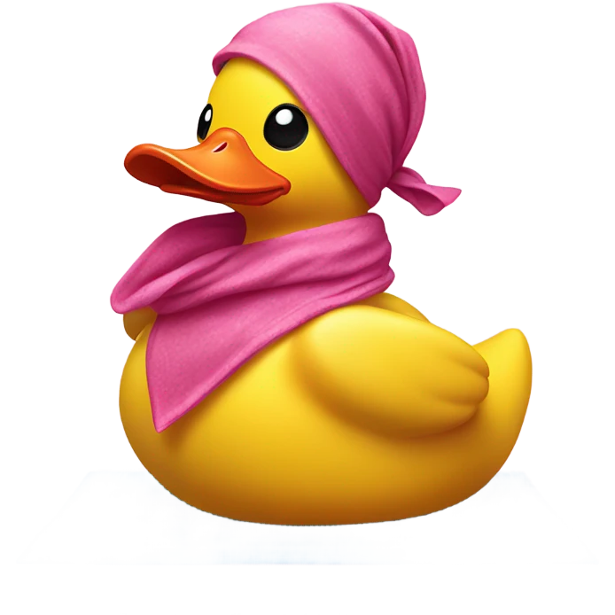 Side view of yellow rubber duck w a pink bandana doing yoga  emoji