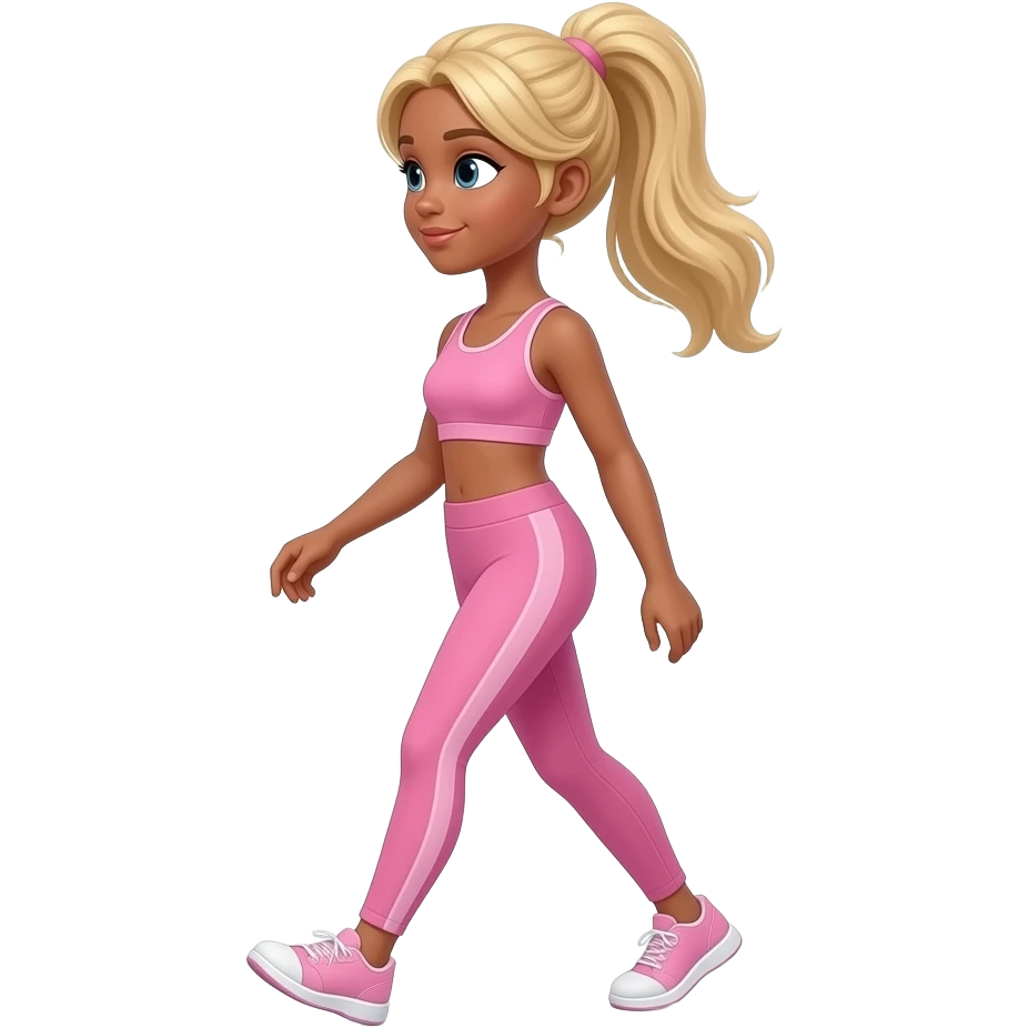 Apple emoji Long Blonde haired girl with tan walking left to right in pink activewear aesthetic, soft lighting, complex , clean girl aesthetic emoji