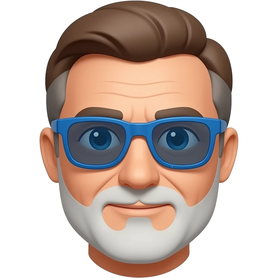 Hombre 60 años pelo marrón con canas gafas de sol azules y barba blanca muy corta emoji