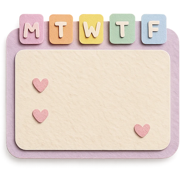 soft pastel kawaii weekly planner box with rounded corners and tiny heart icons emoji