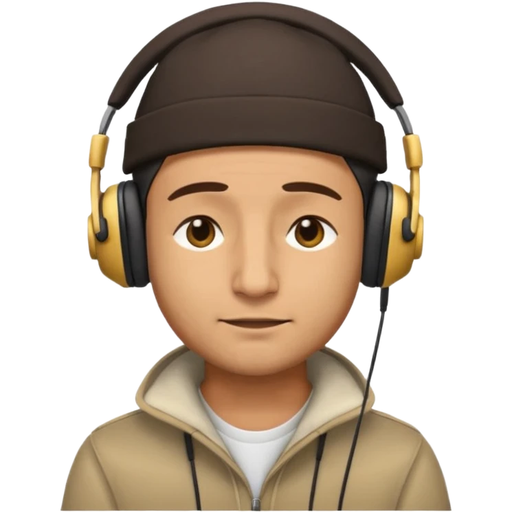 Half body man wearing topi and headphones, eyes closed, realistic emoji style. emoji
