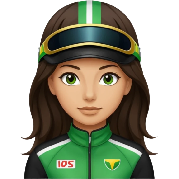 brunette long hair woman with black racing outfit with green strips emoji