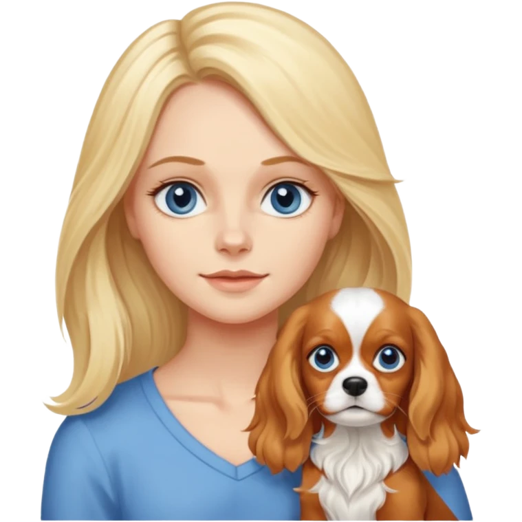 Blond Mom with a little blue eyed girl. The girl has long blonde hair. They have one dog. The dog is Cavalier King Charles spaniel. emoji