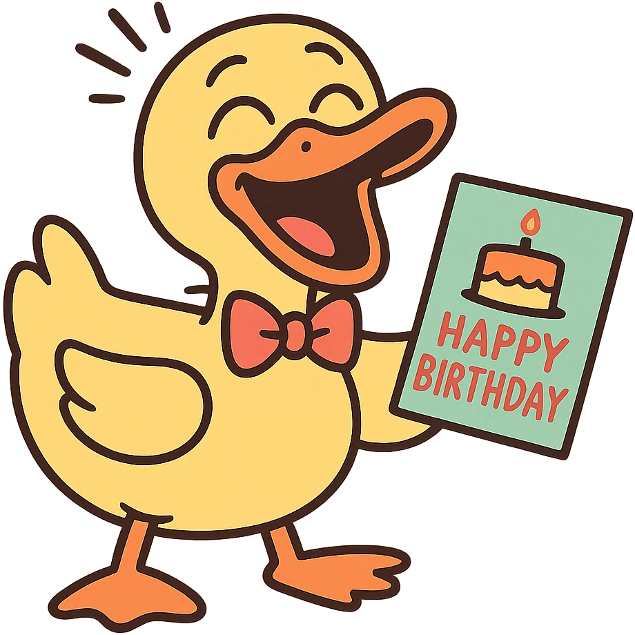 laughing duck with bowtie holding birthday card emoji