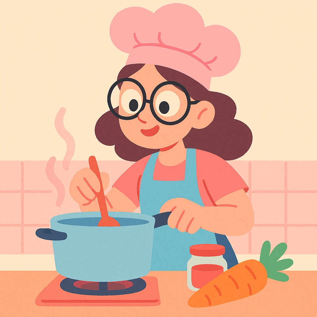 a girl with glasses and a pink kitchen hat cooking, soft pastel style emoji