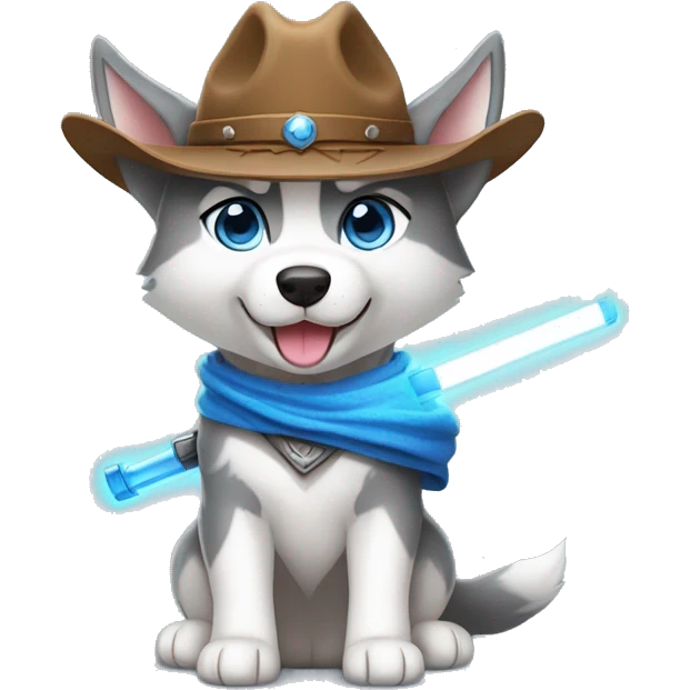 Gray Siberian Husky with blue eyes puppy wearing a cowboy hat dressed in Jedi clothing Holding a Lightsaber with the Paw emoji
