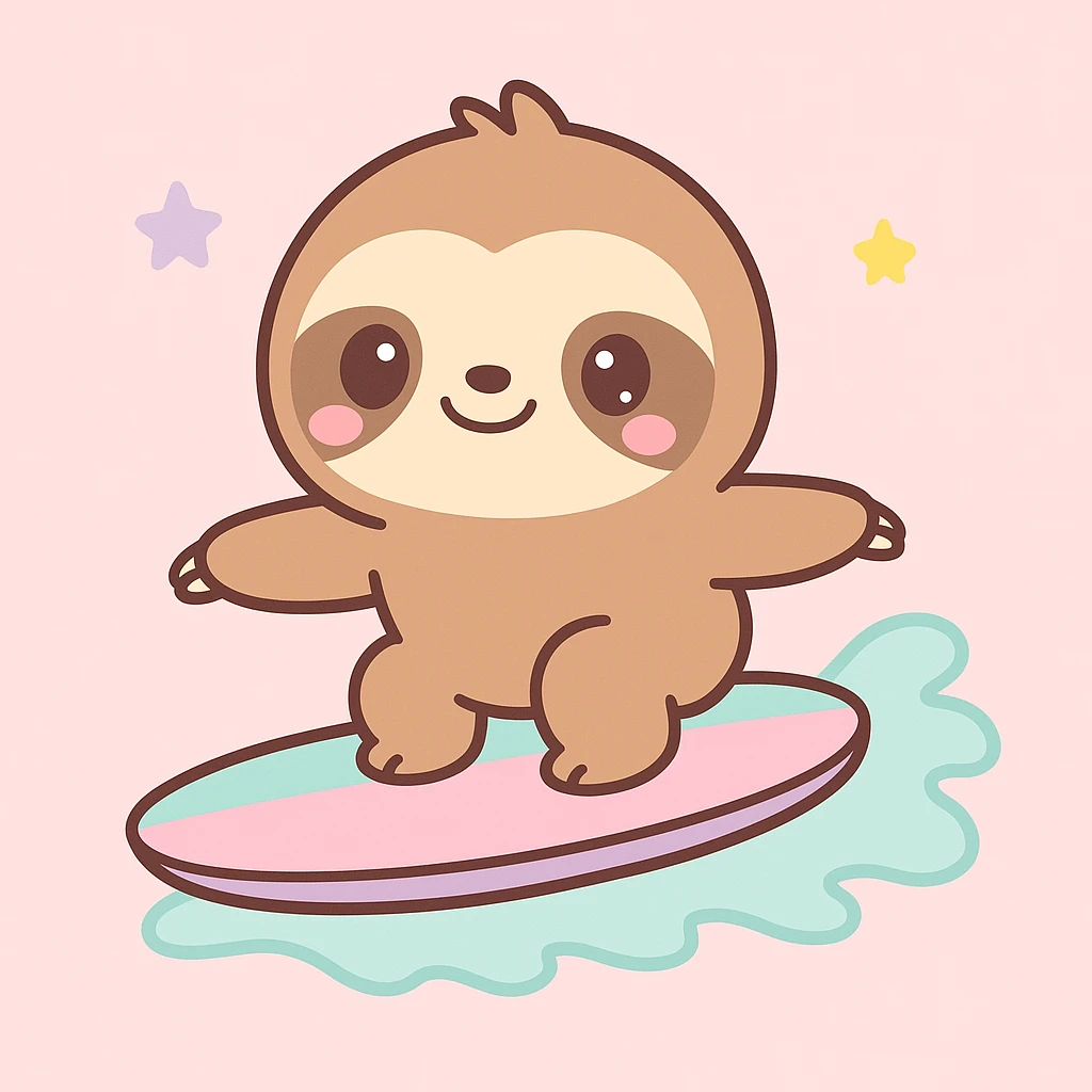 a sloth surfing, kawaii style emoji