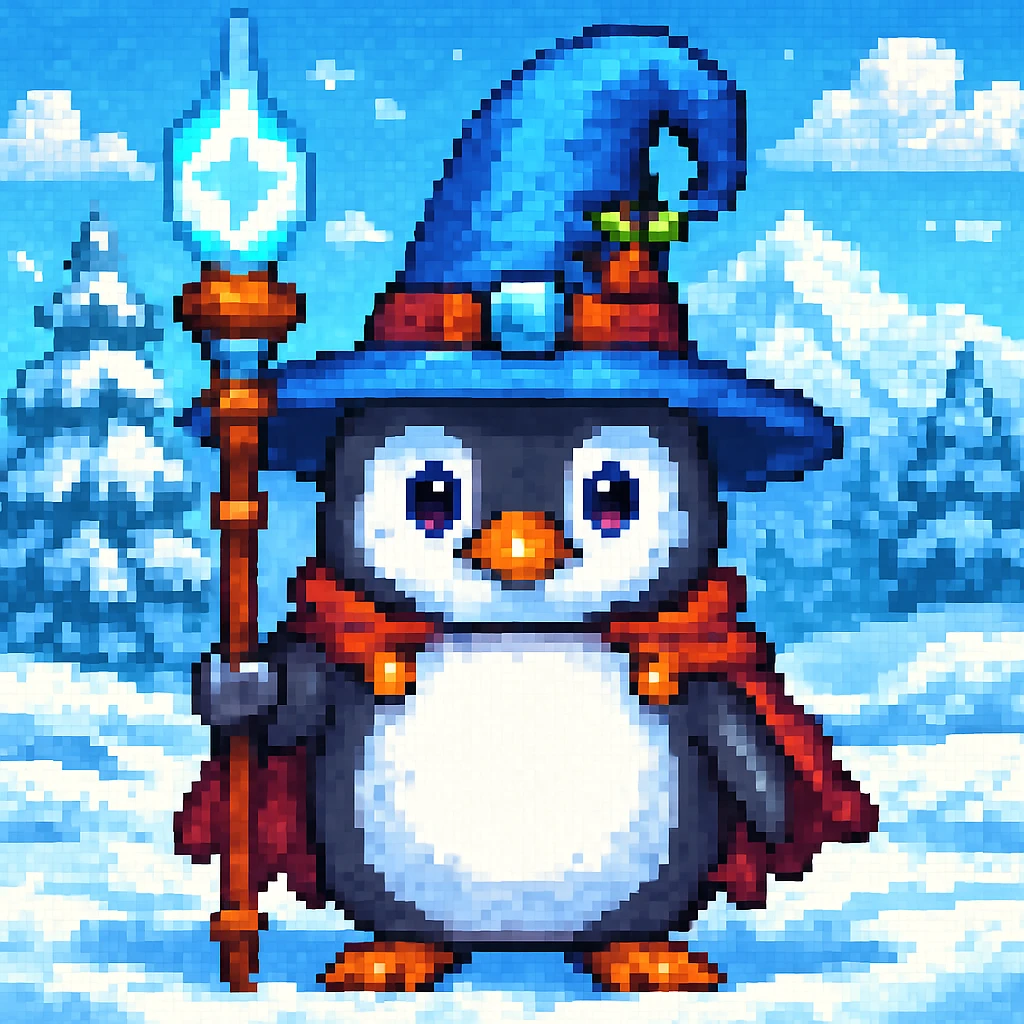 Add a snowy landscape background behind the pixel art penguin wizard, keep all original colors and style. Make it pixel art style. emoji