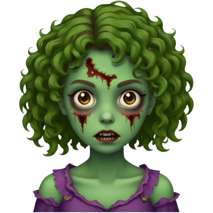 faça uma garota zombie, com a pele verde, cabelo castanho cacheado abaixo do ombro linda emoji
