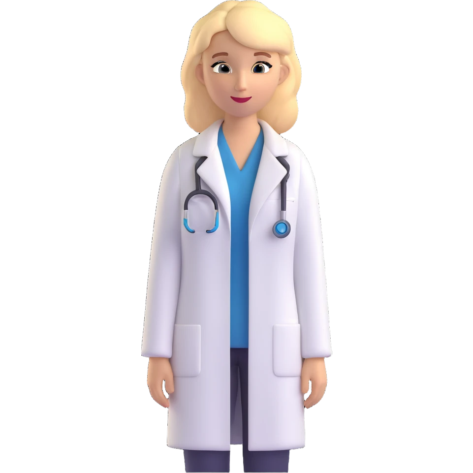 blonde caucasian woman in white dress shirt and white lab coat emoji