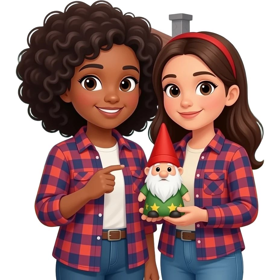 A black girl taking a photo of a spanish girl  holding a small gnome while standing in front of a cabin in the woods. Both wearing flannel in the evening emoji
