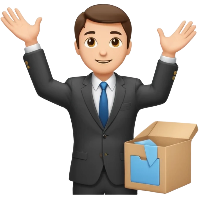 Sticker of a man in a business suit, front view, arms extended forward as if ready to hold a box, friendly expression, clean cartoon style, bold outlines, minimal background, emoji sticker style emoji