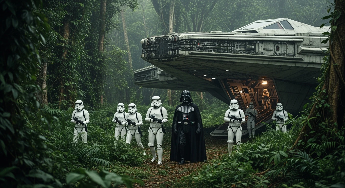 cinematic still, Medium shot, amazon jungle, Darth Vader around stormtroopers coming out from starship on ground, they are exploring the jungle, inspired by StarWars movie, captured by arri alexa emoji