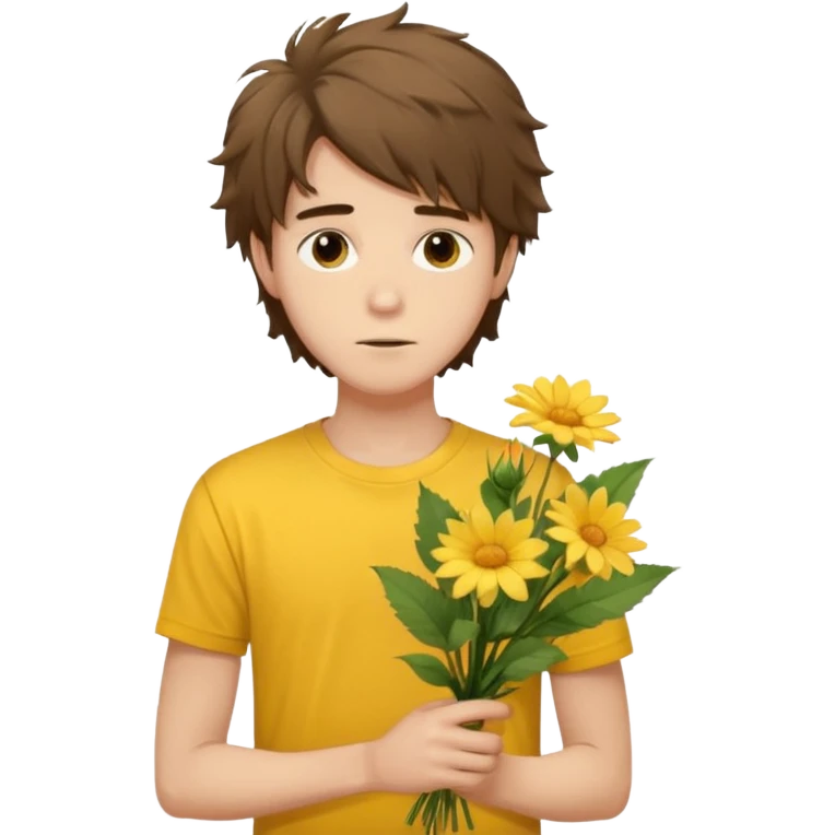 generate an ios genmoji of a 20 year old fair boy with brown long and messy hair with faint stubble. should look like he cant grow a mustache., carrying a flower bouquet, wearing a yellow tshirt, looking shy emoji