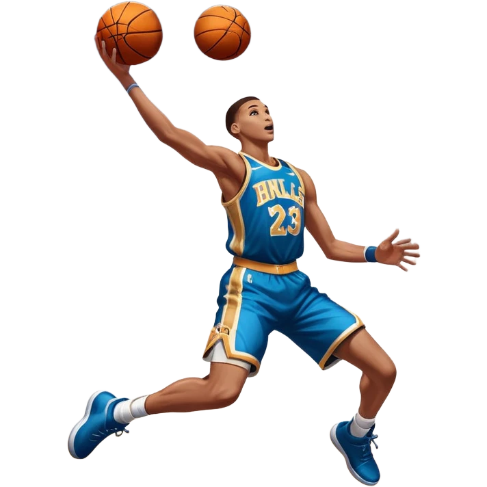 An icon showing a close-up of a basketball player in mid-air, performing an impressive dunk, inspired by NBA 2K25. The player is focused, with the ball in hand and the court in the background. Bright lights emphasize the action and excitement. Transparent background. emoji